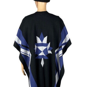 Roots boho Aztec shawl / poncho one size blue black and white